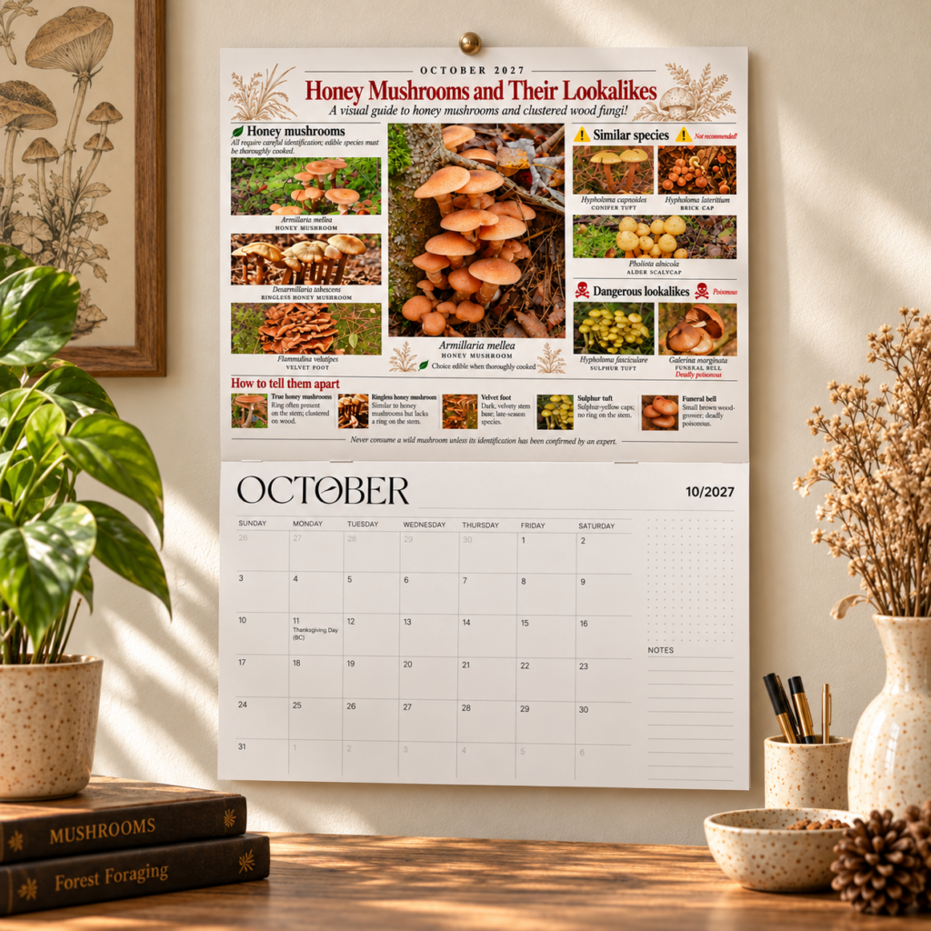 Mushroom Calendar 2027 hanging on a wall showing mushroom identification guide and monthly dates