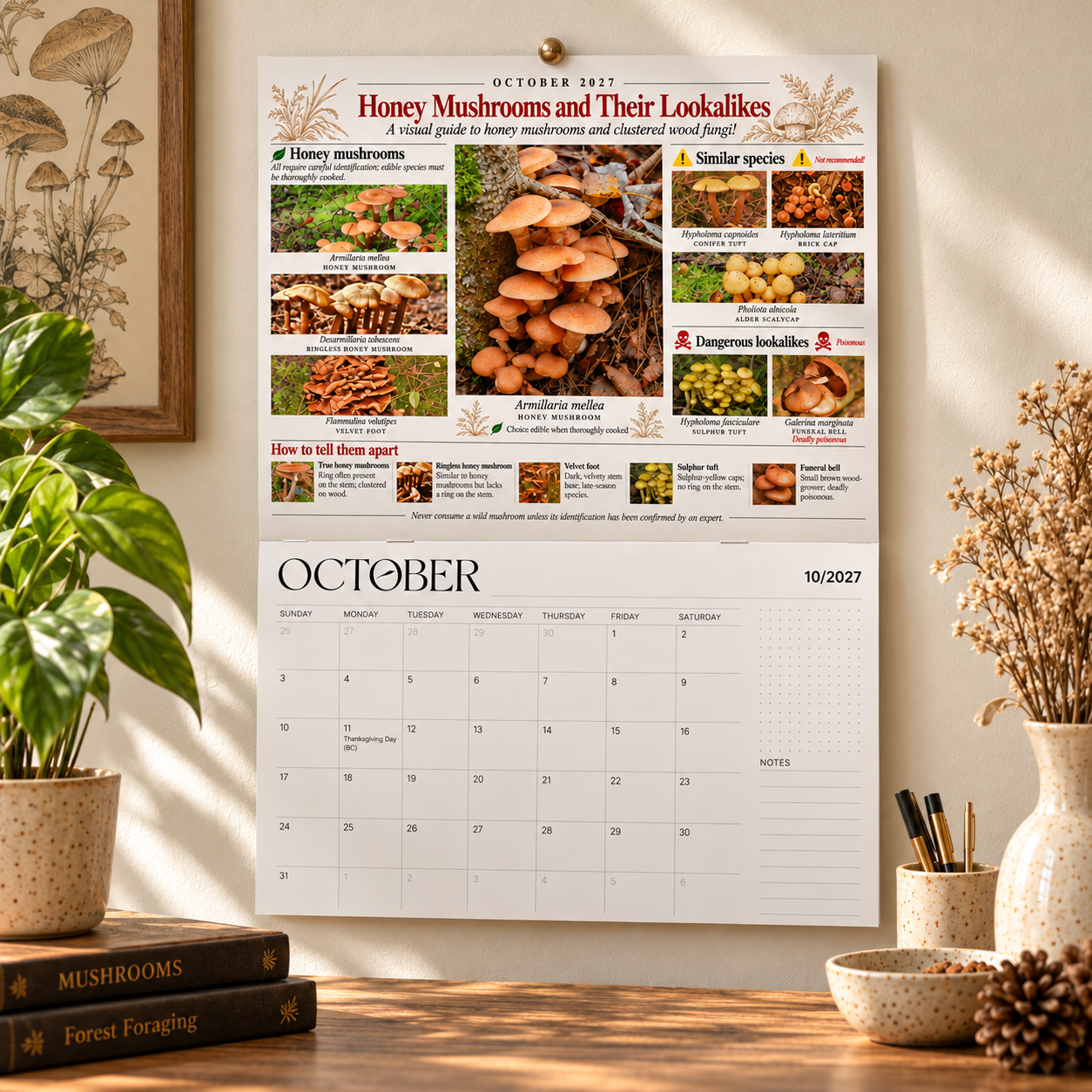 Mushroom Calendar 2027 hanging on a wall showing mushroom identification guide and monthly dates