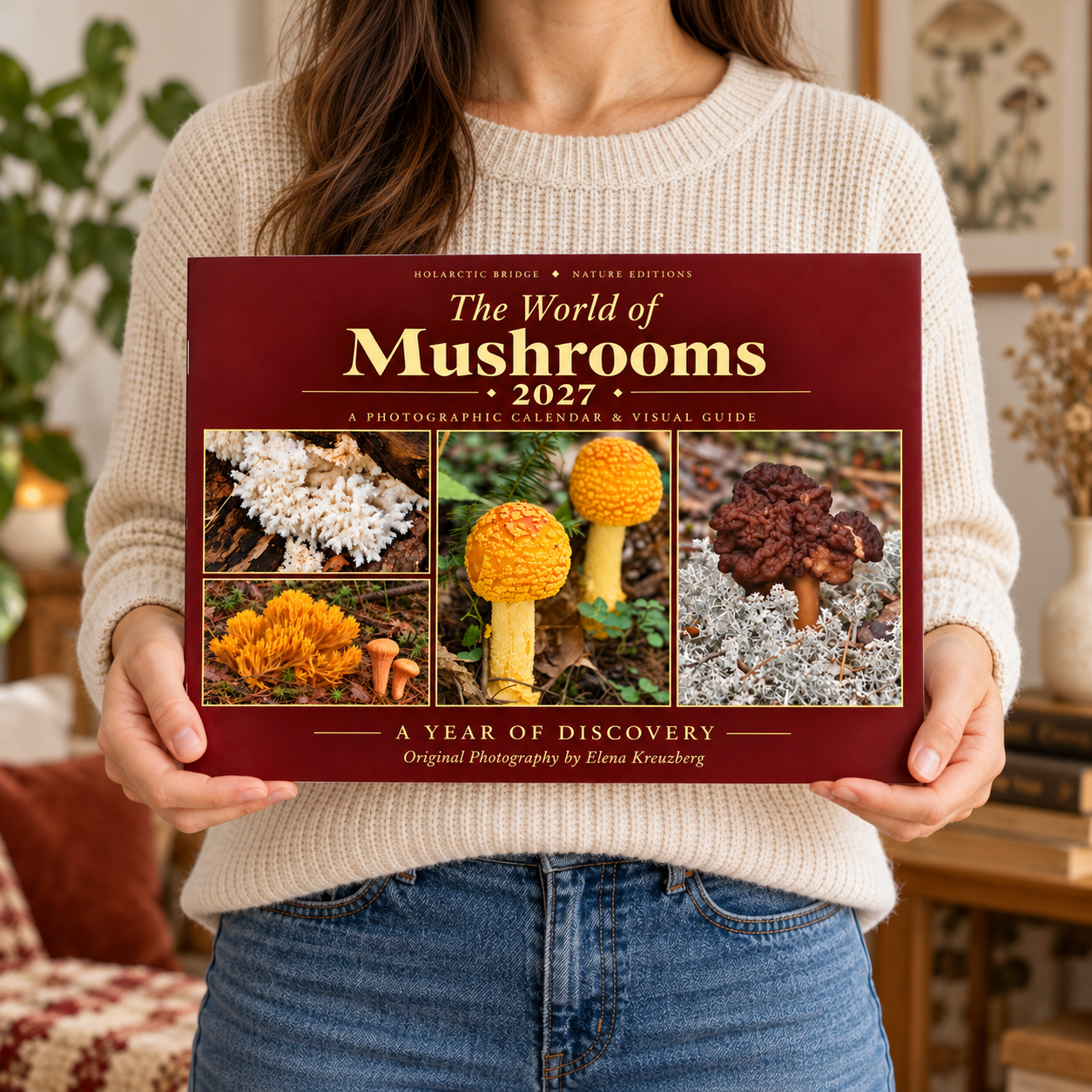 Mushroom Calendar 2027 in hands showing the compact landscape wall calendar format